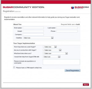 Registration page of SugarCRM